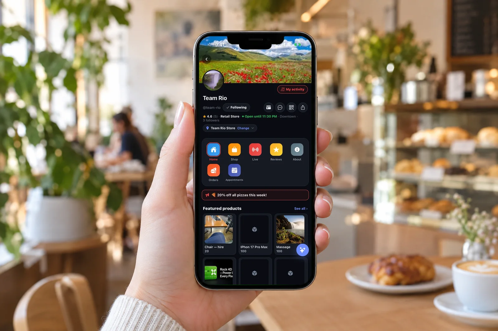 KardoSpace open on a phone in a café, showing Team Rio's Space